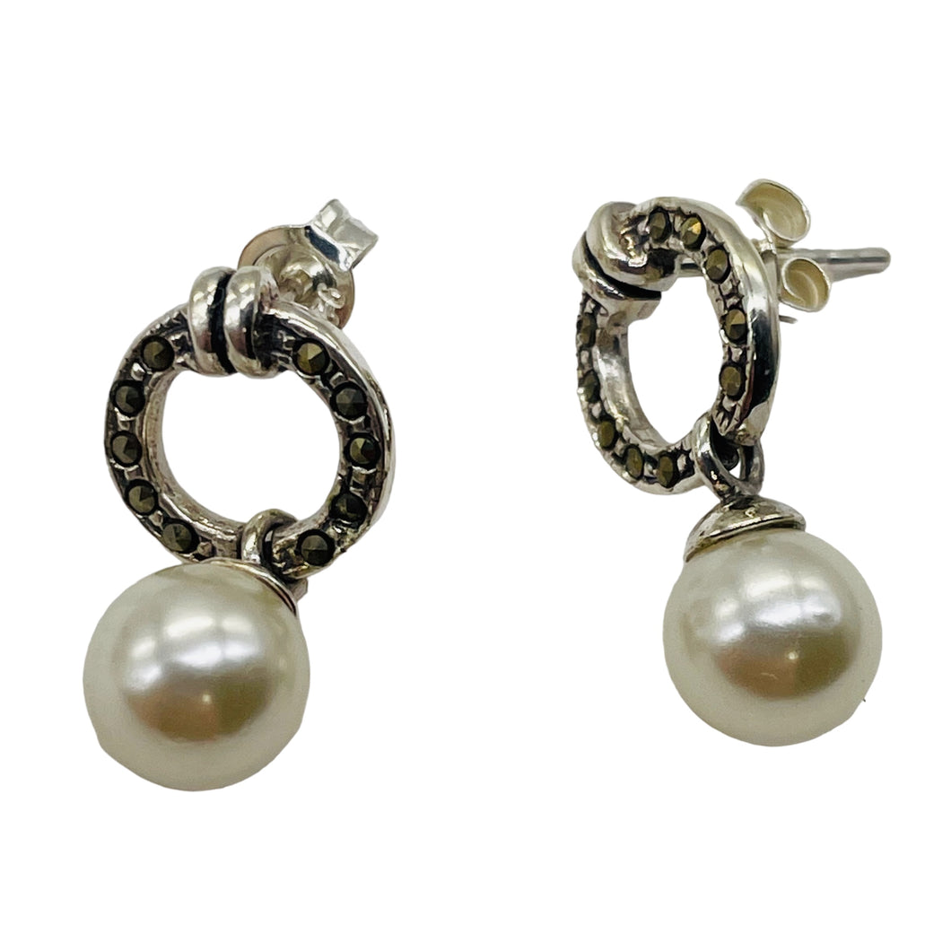 Pearl Marcasite Sterling Silver Post Dangle Earrings | 7mm | White | 1 Pair |