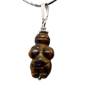 Hand Carved Tigereye Goddess of Willendorf Silver Pendant|1.5 "Long | Goddess |
