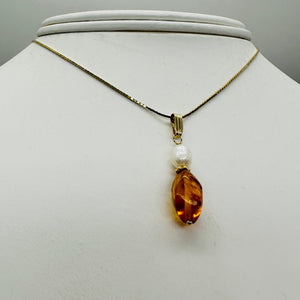 Amber and Pearl 14K Gold Filled Pendant | 1" Long | Yellow, White | 1 Pendant |