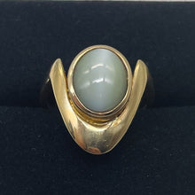 Load image into Gallery viewer, Cats Eye Chrysoberyl 14K Gold Ring 12x10mm Stone | Size 8 | White, Green Tint |
