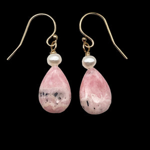 Teardrop Rhodochrosite and Pearl Drop 14K Gold Filled Earrings | 1 1/2" Long |