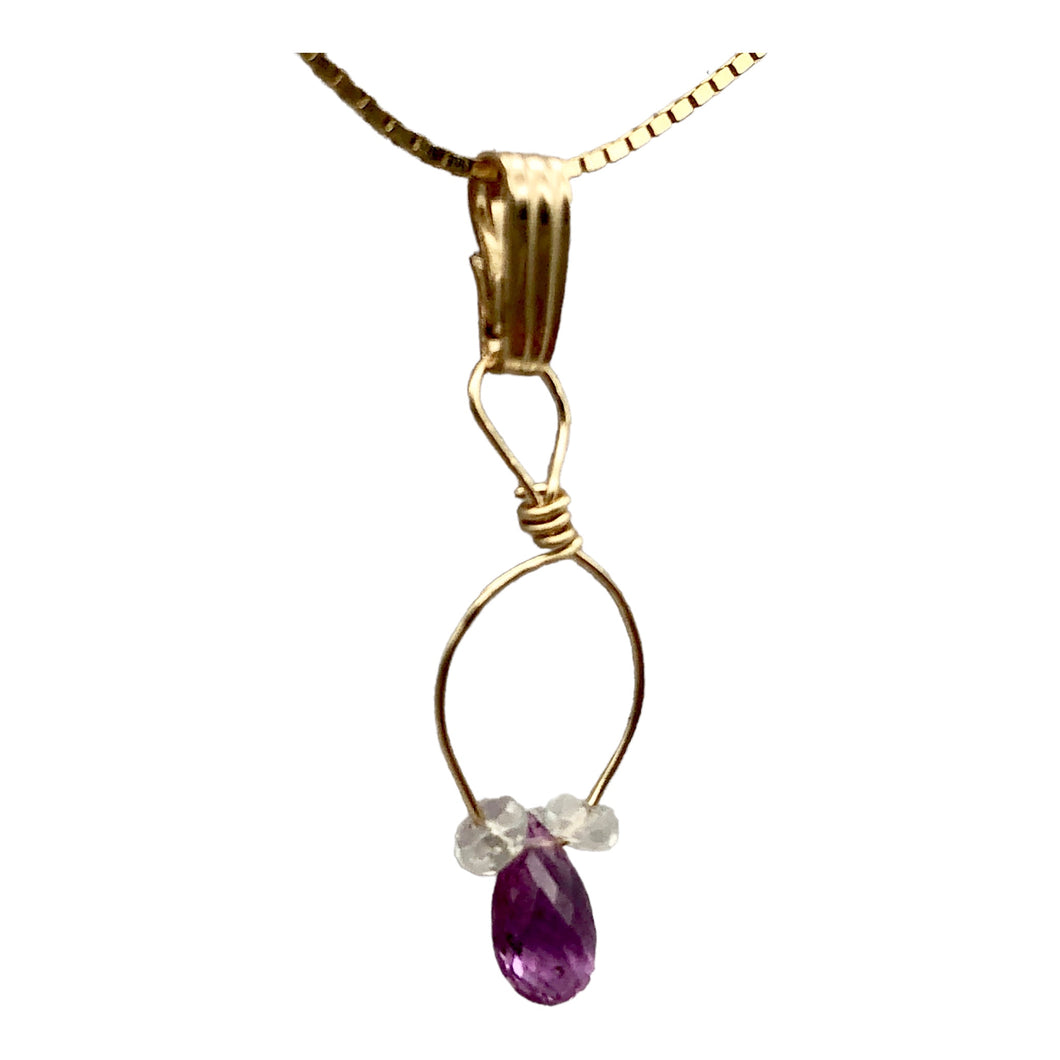 Designer Pink Sapphire with White Sapphire side stones 14Kgf Wirewrap Pendant