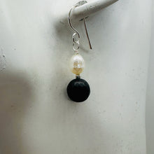 Load image into Gallery viewer, Black Stone - Africa Round Bead and Pearl Sterling Silver Earrings| Black Matte|
