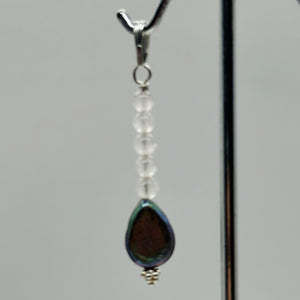 Pearl and Rose Quartz Sterling Silver Drop Pendant | 1 1/2" Long | Rainbow |