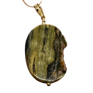 Ocean Jasper with Quartz 14Kgf Pendant | Green. Gold | 2" Long |