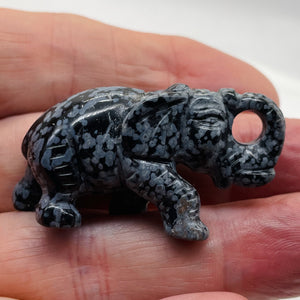 Snowflake Obsidian Carved Elephant Pendant Figurine | 1" Tall | Grey Black