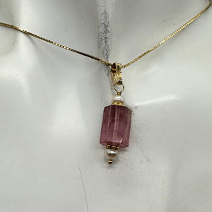 Tourmaline and Pearl 14K Yellow Gold Filled Pendant | Pink | 1" Long |
