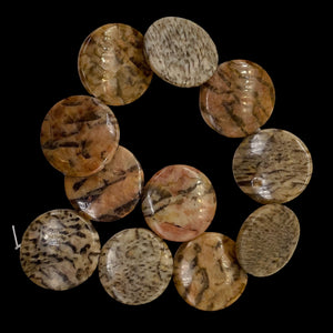 Feldspar Coin Bead Strand | 35x6mm | 11 Beads | Tan Black Red |