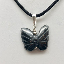 Load image into Gallery viewer, Flutter Carved Hematite Butterfly and Sterling Silver Pendant 509256HMS
