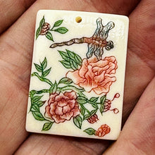 Load image into Gallery viewer, Rose Flower Dragonfly Scrimshaw Pendant Bead | 29x22x4mm | Red, Green, Cream |
