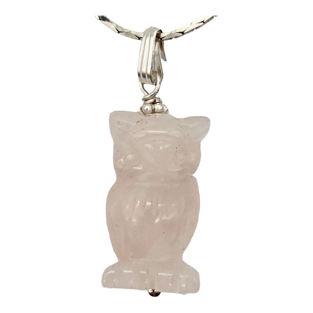 Rose Quartz Owl Pendant Necklace | Semi Precious Stone Jewelry | Sterling Silver