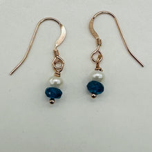Load image into Gallery viewer, Dazzle Blue Apatite and Fresh Water Pearl Rose Filled Gold Earrings | 1" Long |
