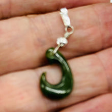 Load image into Gallery viewer, Jade Maori Hai Matau Fishhook Sterling Silver Pendant | Green | 1 1/4&quot; Long |
