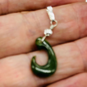 Jade Maori Hai Matau Fishhook Sterling Silver Pendant | Green | 1 1/4" Long |
