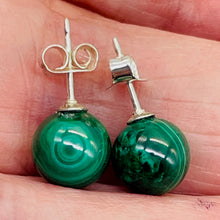 Load image into Gallery viewer, Malachite Sterling Silver Post Round Earrings | 8mm | Green | 1 Pair |
