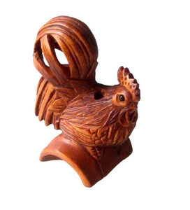 Rise & Shine Carved Boxwood Rooster Ojime/Netsuke Bead | 31x20x16mm | Brown