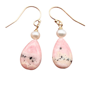 Teardrop Rhodochrosite and Pearl Drop 14K Gold Filled Earrings | 1 1/2" Long |