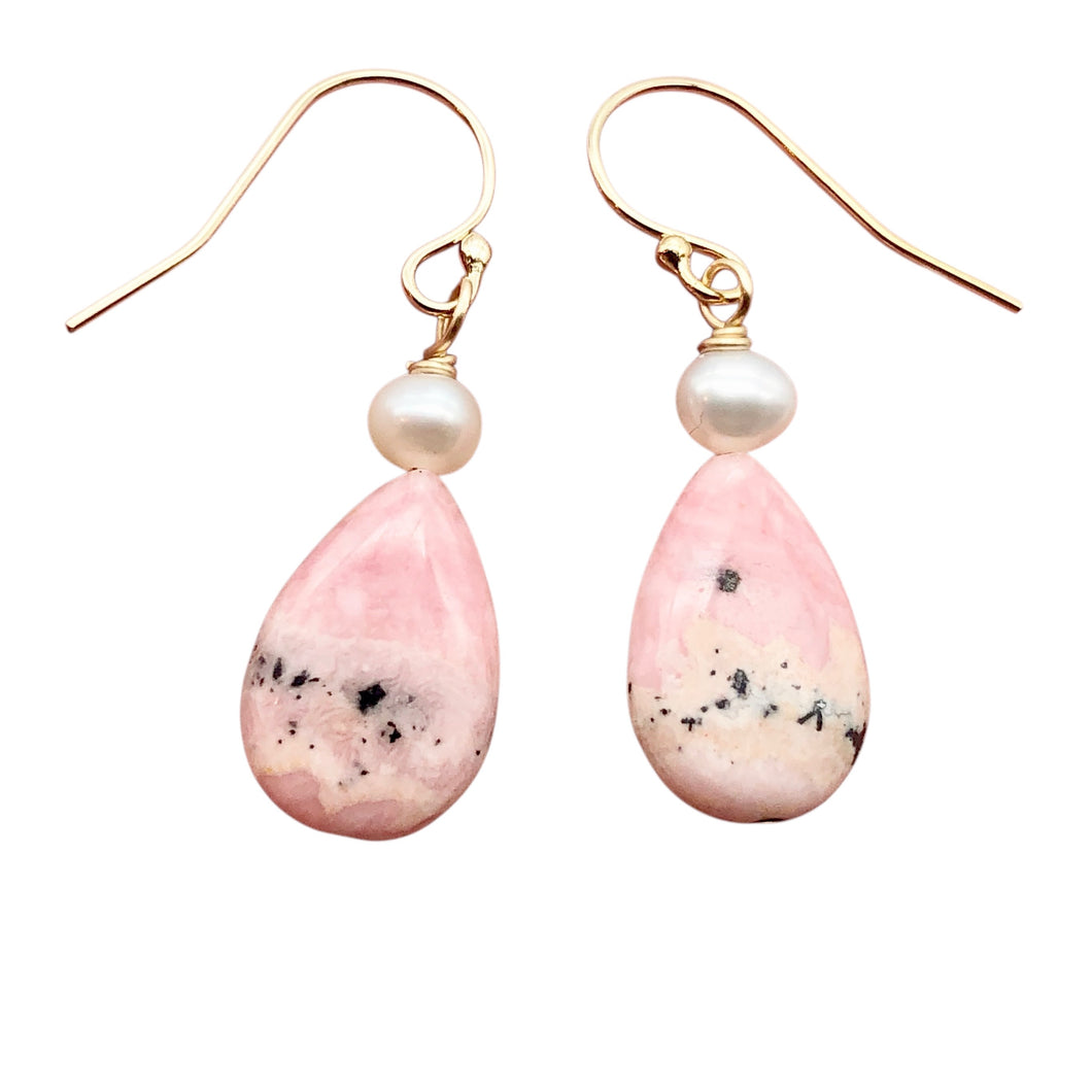 Teardrop Rhodochrosite and Pearl Drop 14K Gold Filled Earrings | 1 1/2