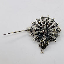Load image into Gallery viewer, Peacock Marcasite Sterling Silver Sweater Pin| 1&quot; Long | Silver | 1 Pin |

