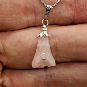 Lily! Hand Carved Rose Quartz Flower Solid Sterling Silver Pendant | 1" Long |