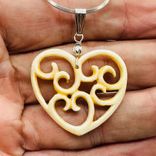 Load image into Gallery viewer, Heart Shape Delicate Carved Bone Sterling Silver Pendant| 1 3/4&quot; Long | Cream |
