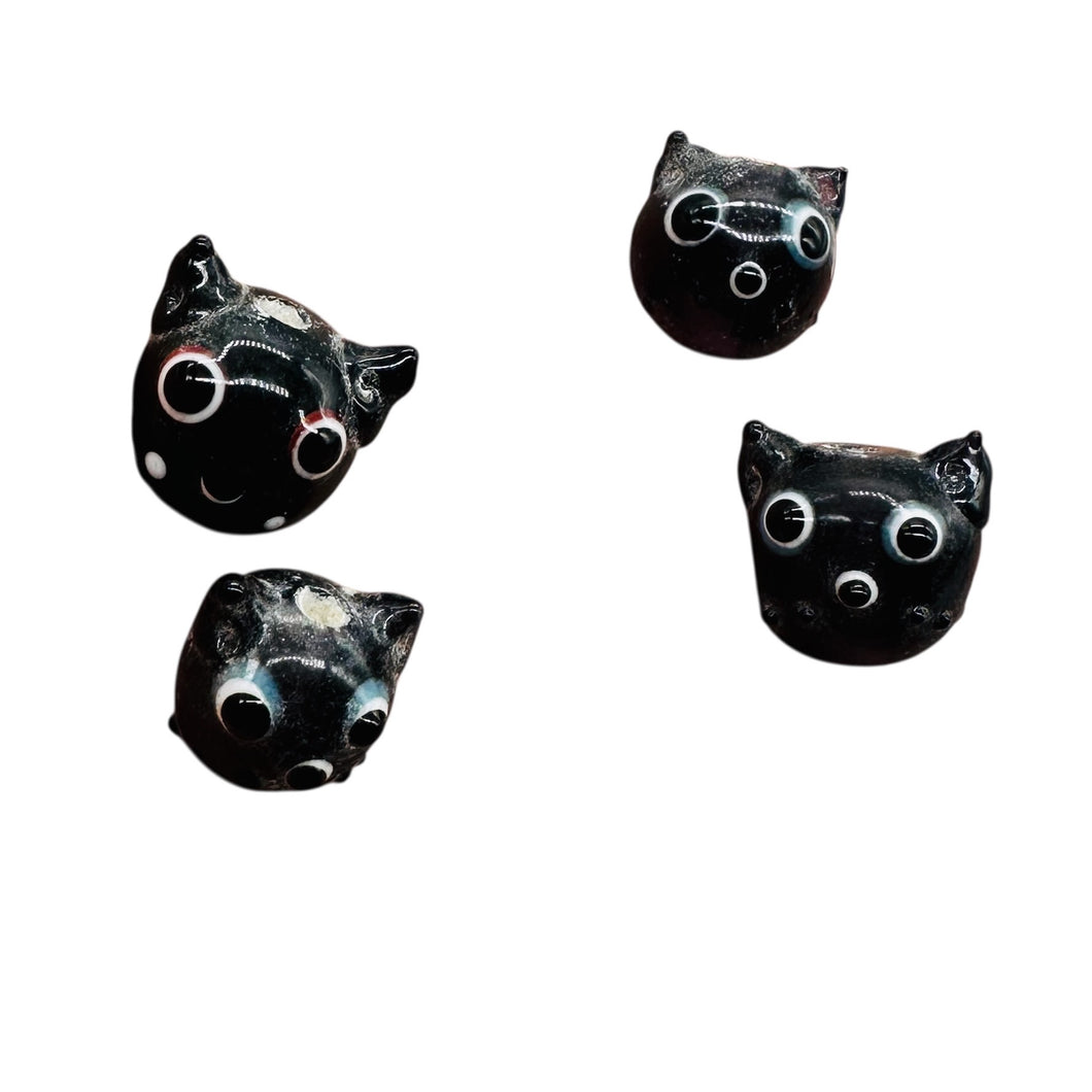 Kitty Cat Ceramic Round Beads | 15mm | Black | 4 Beads |