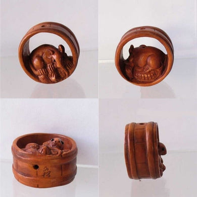 Carved Mouse in Barrel Boxwood Ojime/Netsuke Bead - PremiumBead Primary Image 1