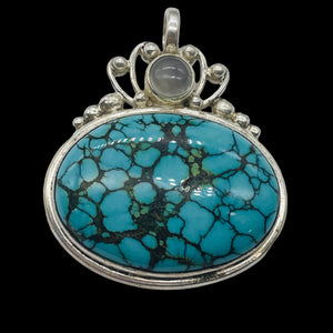Turquoise Moonstone Goddess Sterling Silver Pendant | 1 1/2" Long | Blue Black |