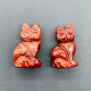 Adorable! 2 Jasper Sitting Carved Cat Beads | 21x14x10mm | Red with Green