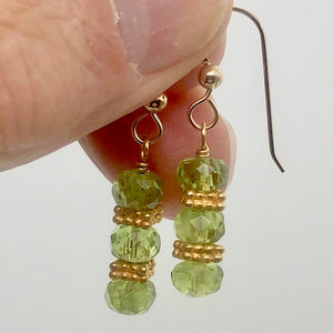 Natural Green Peridot Faceted Rondel 14K Gold Filled Earrings | 1 1/4" Long |