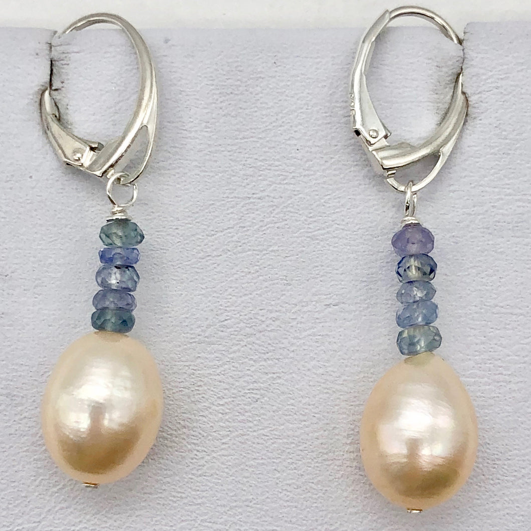 AAA Natural Pink 14x10mm Pearl and Blue Sapphires Solid Sterling Silver Earrings - PremiumBead Primary Image 1