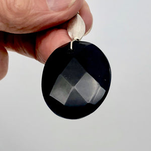 Onyx Faceted Sterling Silver Oval Pendant | 2" Long | Black |