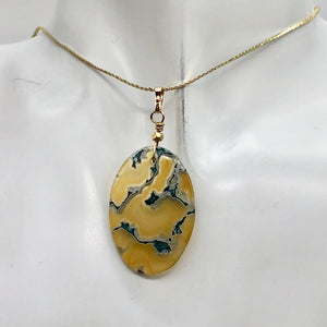 Moss Agate Oval 14K Gold Filled Pendant | 2" Long | Yellow Green | 1 Pendant|