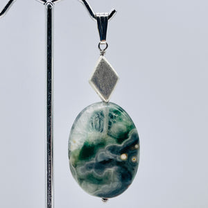 Ocean Jasper Sterling Silver Oval Pendant | 2" Long | Green | 1 Pendant |