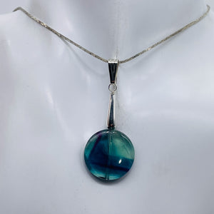 Fluorite Sterling Silver Striped Coin | 1 3/4" Long | Purple/Blue | 1 Pendant |