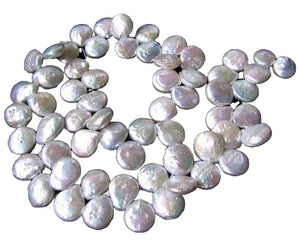 Vibrant White top Drilled Freshwater Coin Briolette Pearl Strand 108320