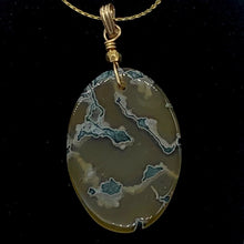 Load image into Gallery viewer, Moss Agate Oval 14K Gold Filled Pendant | 2&quot; Long | Yellow Green | 1 Pendant|
