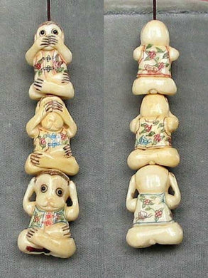 3 Bead Set Color Scrimshaw No Evil Monkey Waterbuffalo Bone Beads 5659 - PremiumBead Primary Image 1
