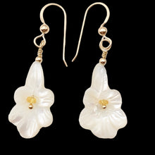 Load image into Gallery viewer, Shimmer! Carved Mother of Pearl Flower Earrings w/Yellow Sapphire Center 14Kgf
