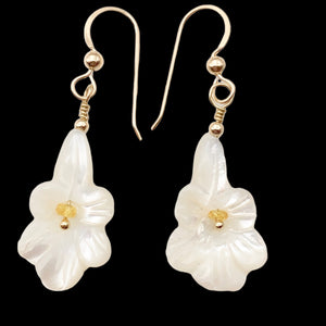 Shimmer! Carved Mother of Pearl Flower Earrings w/Yellow Sapphire Center 14Kgf