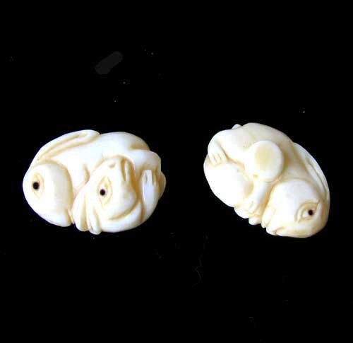 Hand Carved Bunny Rabbits Waterbuffalo Bone Button 9700E - PremiumBead Primary Image 1