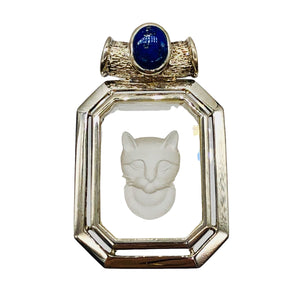 Lapis and Cat Etched Quartz Sterling Silver Pendant | 1 3/4" Long | Blue/Clear |