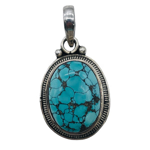 Turquoise Sterling Silver Native Oval Pendant | 1 3/4" Long | Blue/Black | 1 |