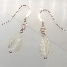 Load image into Gallery viewer, Shimmer! Carved Mother of Pearl 14K Rose Gold Filled Leaf Earrings| 1 1/4&quot; Long|

