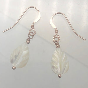Shimmer! Carved Mother of Pearl 14K Rose Gold Filled Leaf Earrings| 1 1/4" Long|