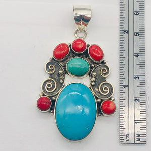 Turquoise Coral Native American Sterling Silver Pendant| 2 1/2" Long| Blue]Red |