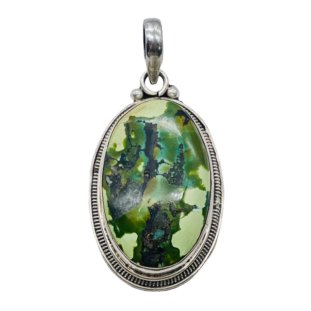 Green Turquoise Sterling Silver Native Oval Pendant | 2 1/4