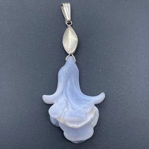 Chalcedony Sterling Silver Druzy Crystal Flower Pendant | 2 1/2" Long | Blue |
