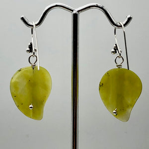 Korean Jade Carved Leaf Sterling Silver Drop Earrings | 1 1/2" Long | Green |