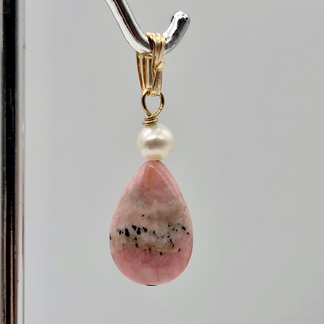 Rhodochrosite and Pearl 14K Gold Filled Pendant | 1 1/8 Inch Long | - PremiumBead Primary Image 1